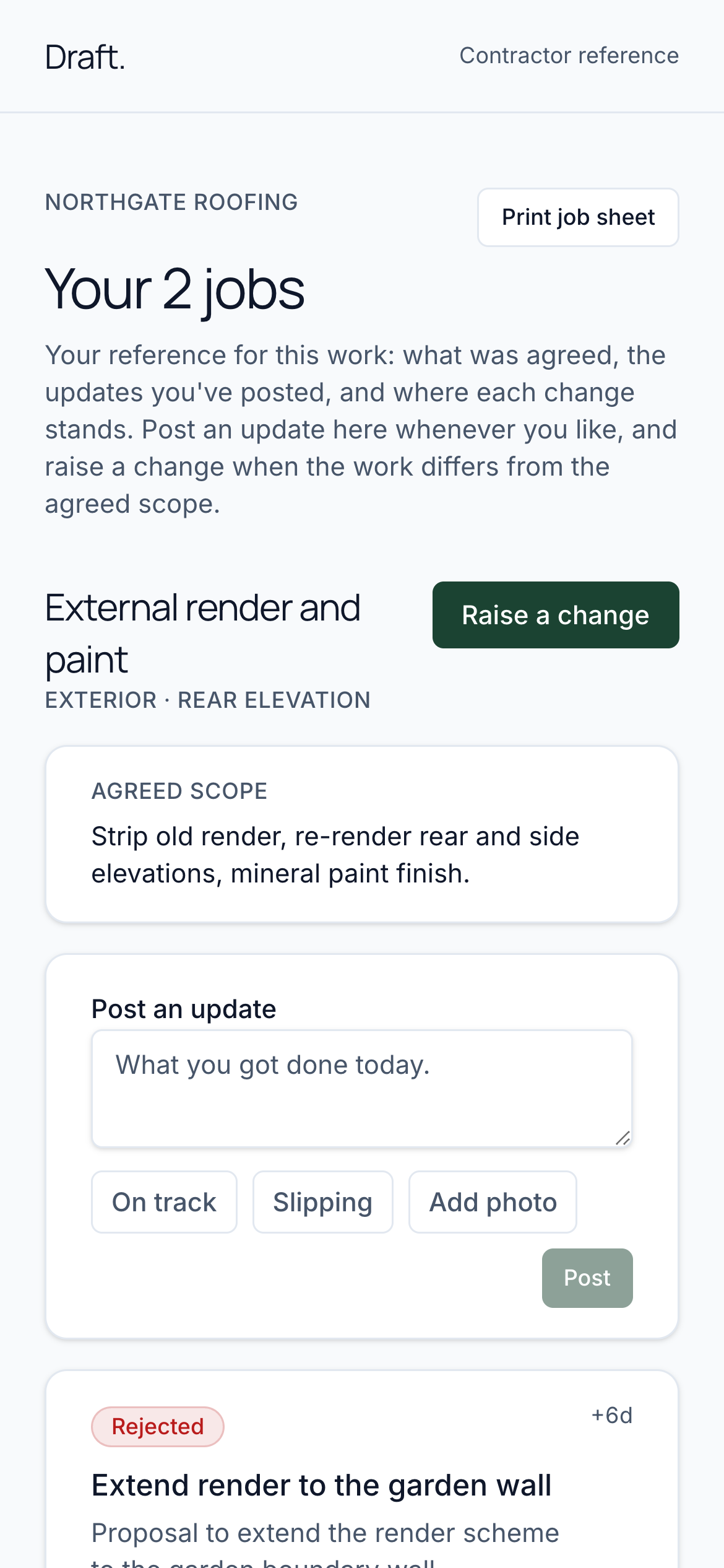 The contractor's link on a phone: Northgate Roofing's two jobs, the agreed scope of External render and paint, and the form for posting an update